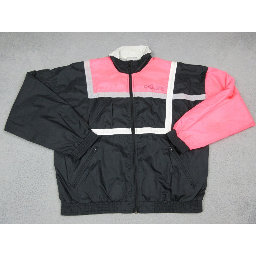 Vintage Adidas Jacket Womens Medium Black Pink Colorblock Full Zip Windbreaker
